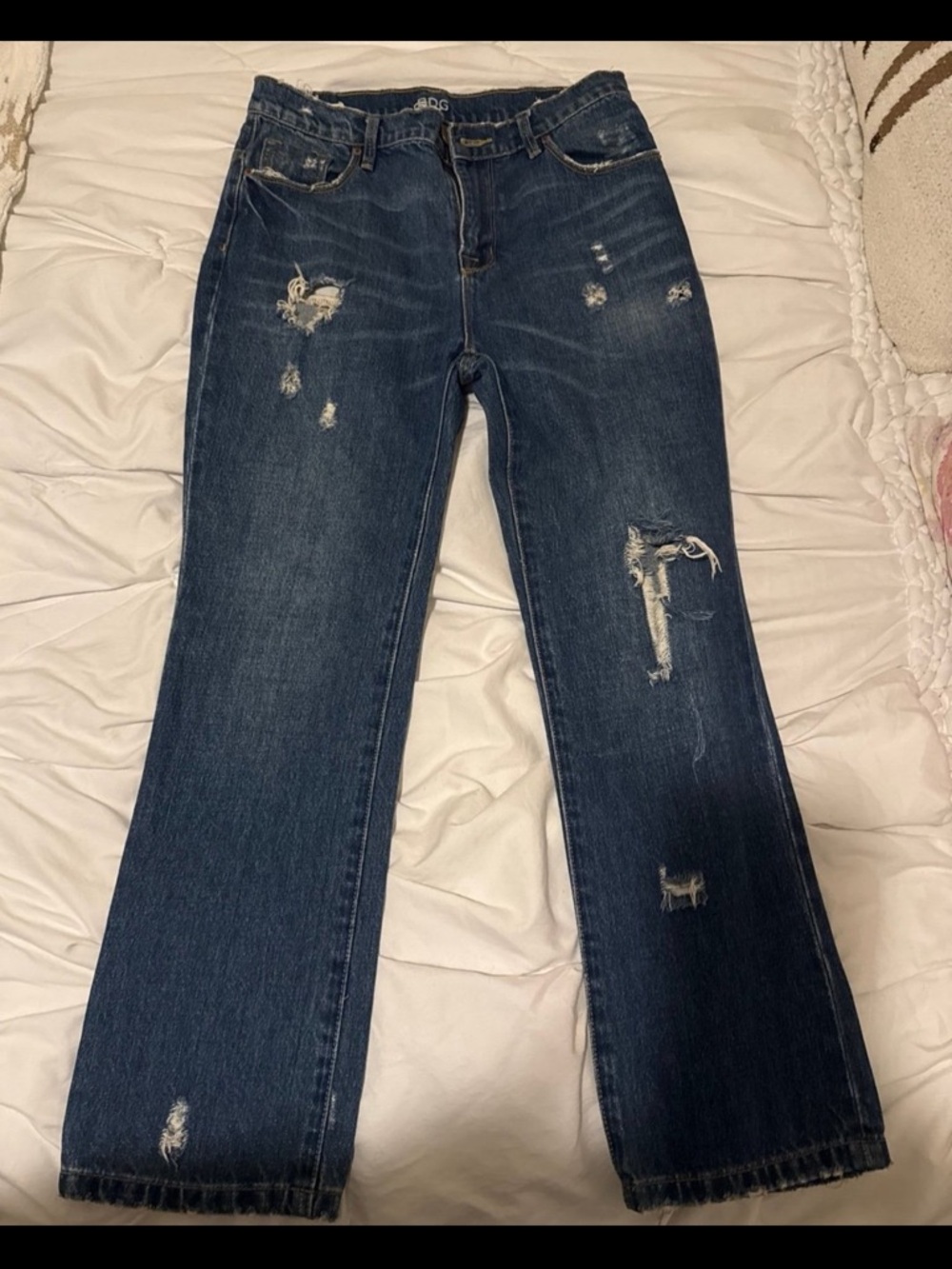 Women’s Flare Distressed Jeans in Dark Blue